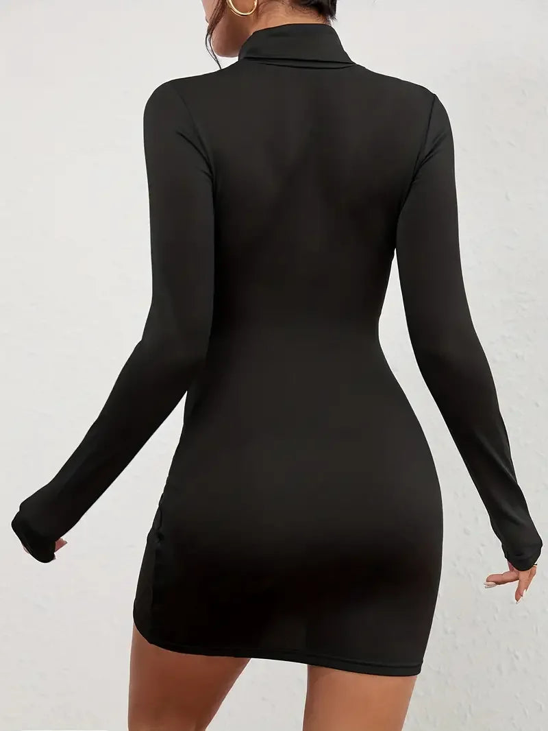 Solid Mock Neck Bodycon Dress, Long Sleeve Party Wear Dress, Women's Clothing