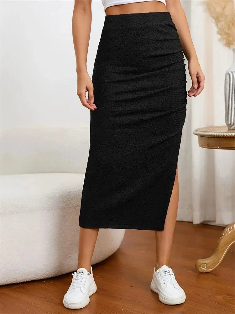 Women Side Split Pleated Skirt Autumn Winter 2024 Casual Elegant High Waist Ruched Midi Skirt Streetwear