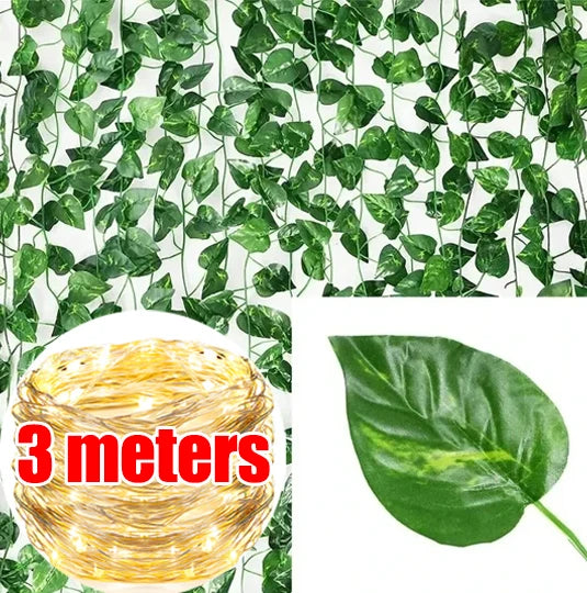 Artificial Plant Green Ivy Leaf Vine Lamp String Hanging Fake Plant Decoration Home Wedding Party Garden Decor Battery-powered