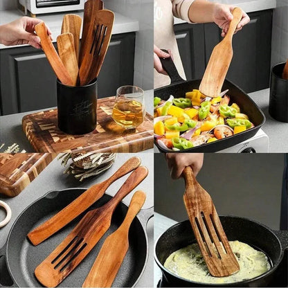 5PCS Teak Cooking Spoon Set Natural Wooden Ladle Skimmer Utensils Wooden Spatula Dim Sum Shovel Steak Shovel Kitchen Tools