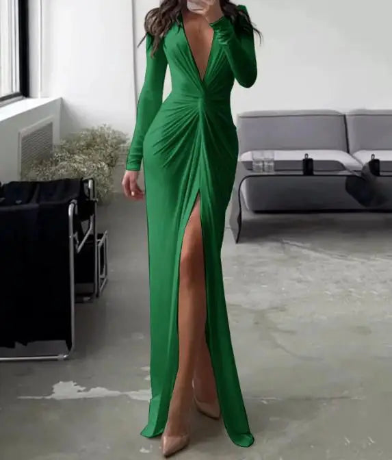 Elegant and Pretty Women's Dress 2024 V-Neck Long Sleeve Solid Slim Pleated Dress Pleated Slit Long Sleeve Date Party Dress