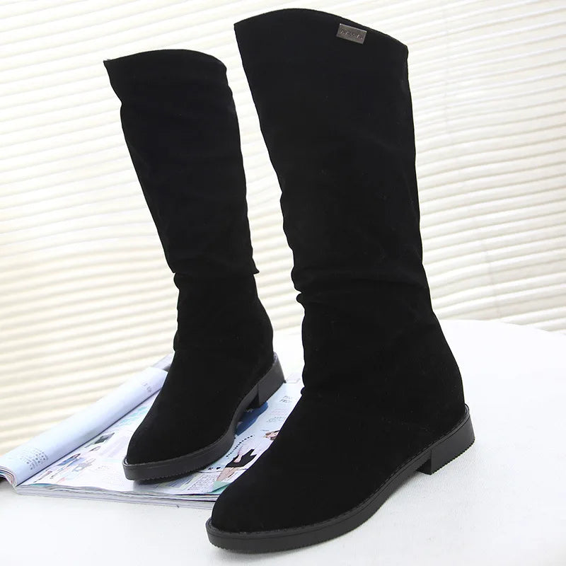 Women's Boots Winter New European American Fashion Frosted Mid-calf Women's Boots Low Heel Plus Velvet Knight Boots for Women