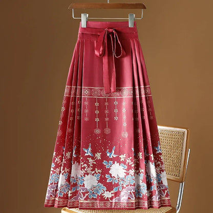 Maxi Chinese Style Horse Face Skirts Women Hanfu Vintage Harajuku Saia Casual Long Print Pleated Skirt Woman Clothing Faldas