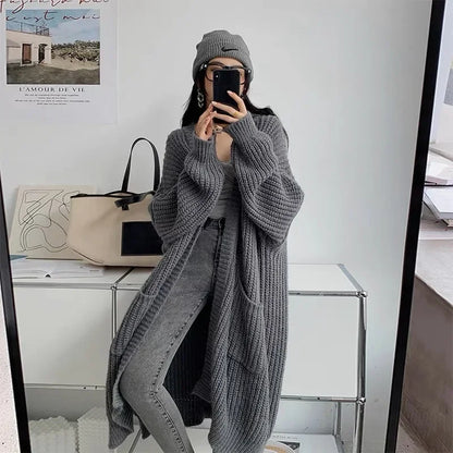 Long Cardigan 2024 Spring Knitted Women Loose V-neck Autumn Winter Elegant Sweet Outerwear Maxi Y2k Sweater Coat Soft Jacket