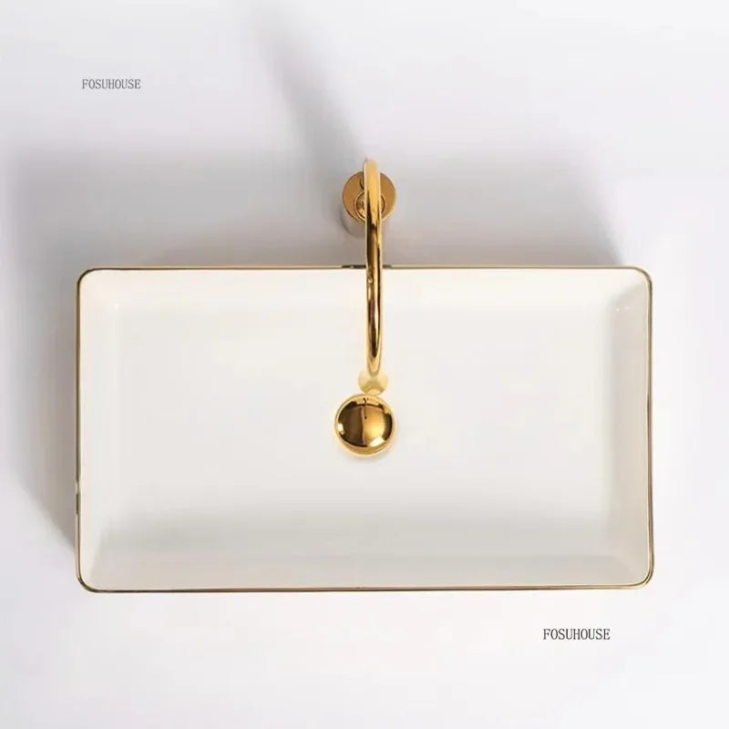 Luxury Gold Ceramic Tabletop Bathroom Sinks Home Hotel European Minimalist Household Washbasin Square Bathroom Wash Basins d