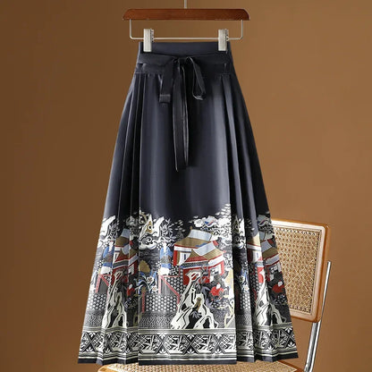 Maxi Chinese Style Horse Face Skirts Women Hanfu Vintage Harajuku Saia Casual Long Print Pleated Skirt Woman Clothing Faldas