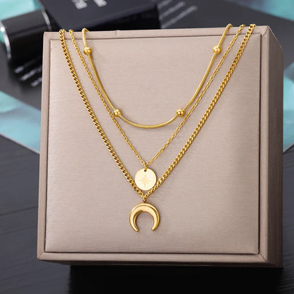 Crescent Moon Small Round Beads Multilayer Chain Necklace For Women Stainelss Steel  Collar Necklace Aesthetic Jewelry Gifts