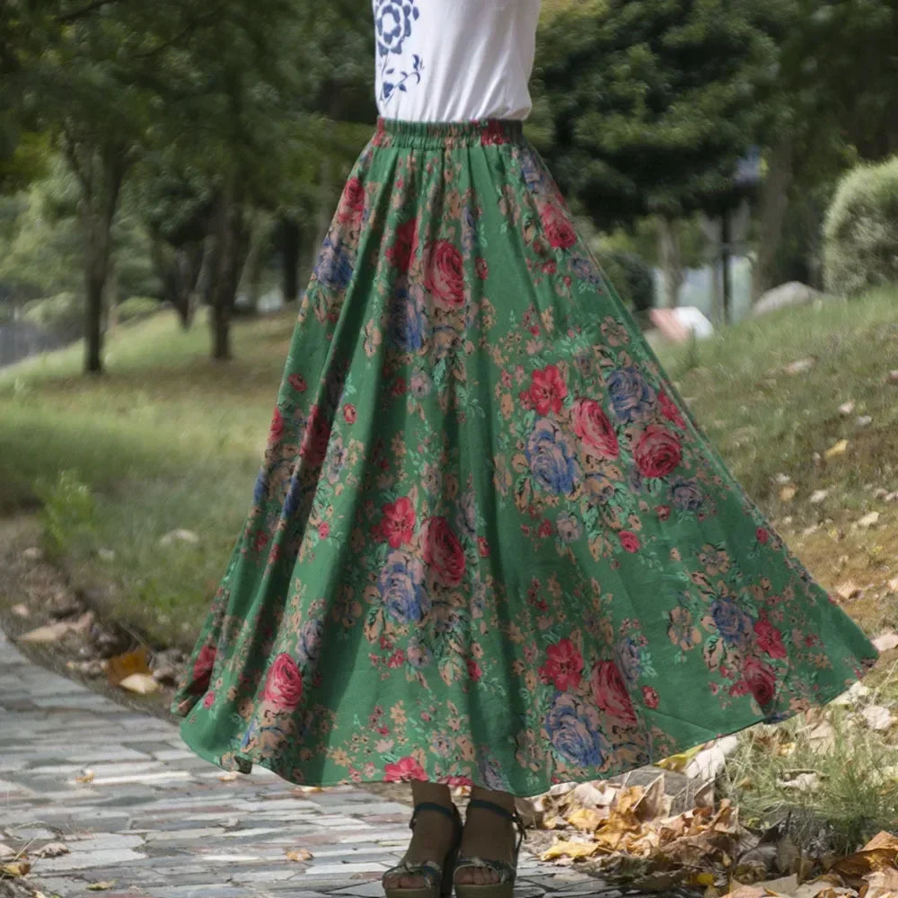 Fashion Summer Cotton Linen Women Skirt Saia Casual Vintage y2k Print Long Skirts Woman Clothes Bohemian Faldas Maxi Bottom Jupe