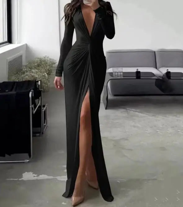 Elegant and Pretty Women's Dress 2024 V-Neck Long Sleeve Solid Slim Pleated Dress Pleated Slit Long Sleeve Date Party Dress