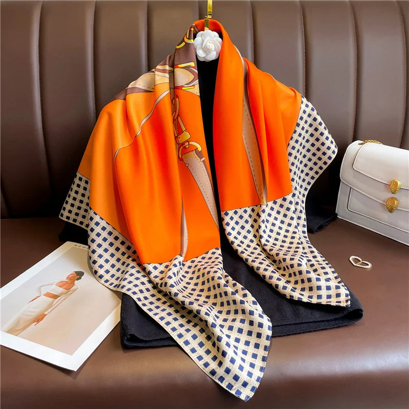 90*90Cm Square Scarf Twill Silk Feeling Women Head Shawls and Wraps Luxury Hair Tree Print Neck Scarves Hijab Bandana Pashmina