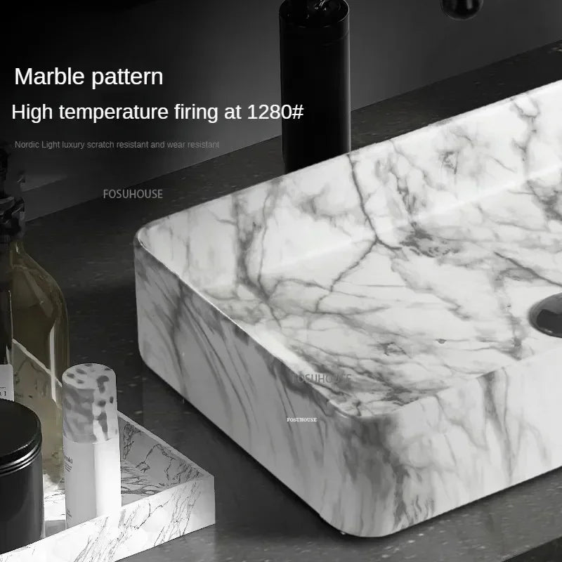 Nordic Ceramic Bathroom Sink Balcony Small Washbasin Square Stone Pattern Countertop Sink Light Luxury Home Wash Hand Basin ZXC