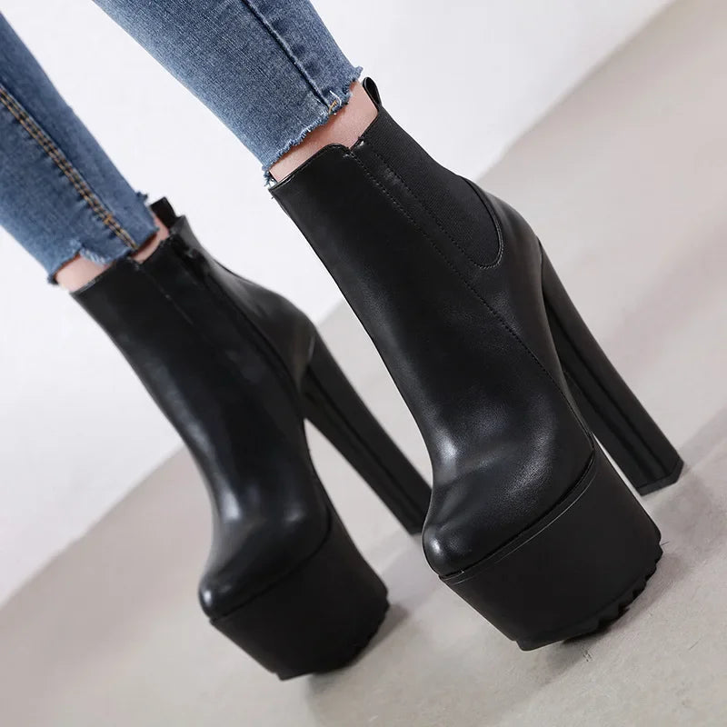 16CM Thick High Heel Shoes Womens Platform Elastic Band Side Zipper Chelsea Boots Black  Ankle Boot Zapatos Para Mujeres