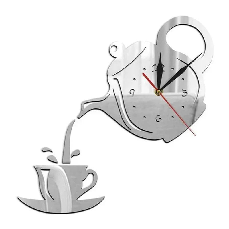 Creative Coffee Cup Teapot Wall Clock 3D Acrylic Kettle Shaped Wall Clocks for Office Home Kitchen Dining Living Room Decoration