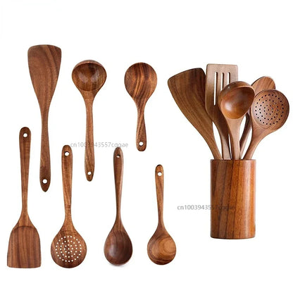 Natural Teak Cooking Spoon Scoop Kitchen Wooden Spatula Non-stick Utensils Set For Cooking With Hanging Hooks Cookware Tool Set