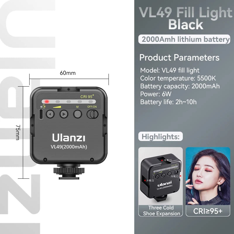 Ulanzi VL49 6W Mini Vlog LED Fill Light White 2000mAh 5500K Zoom Lighting Photographic Lighting Video Phone Selfie Fill Lamps