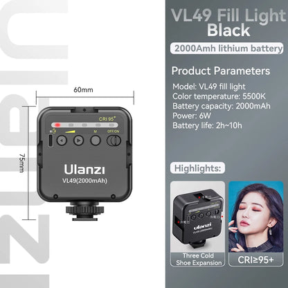 Ulanzi VL49 6W Mini Vlog LED Fill Light White 2000mAh 5500K Zoom Lighting Photographic Lighting Video Phone Selfie Fill Lamps