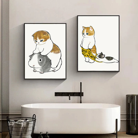 Toilet Cat Playing Mobile Phone Paper Poster Simple Pet Prints Canvas Painting Wall Art Pictures Home Bathroom Room Decoration