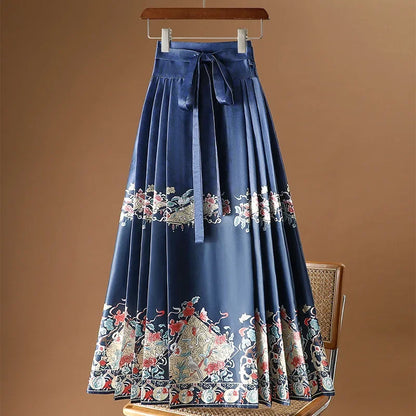 Maxi Chinese Style Horse Face Skirts Women Hanfu Vintage Harajuku Saia Casual Long Print Pleated Skirt Woman Clothing Faldas