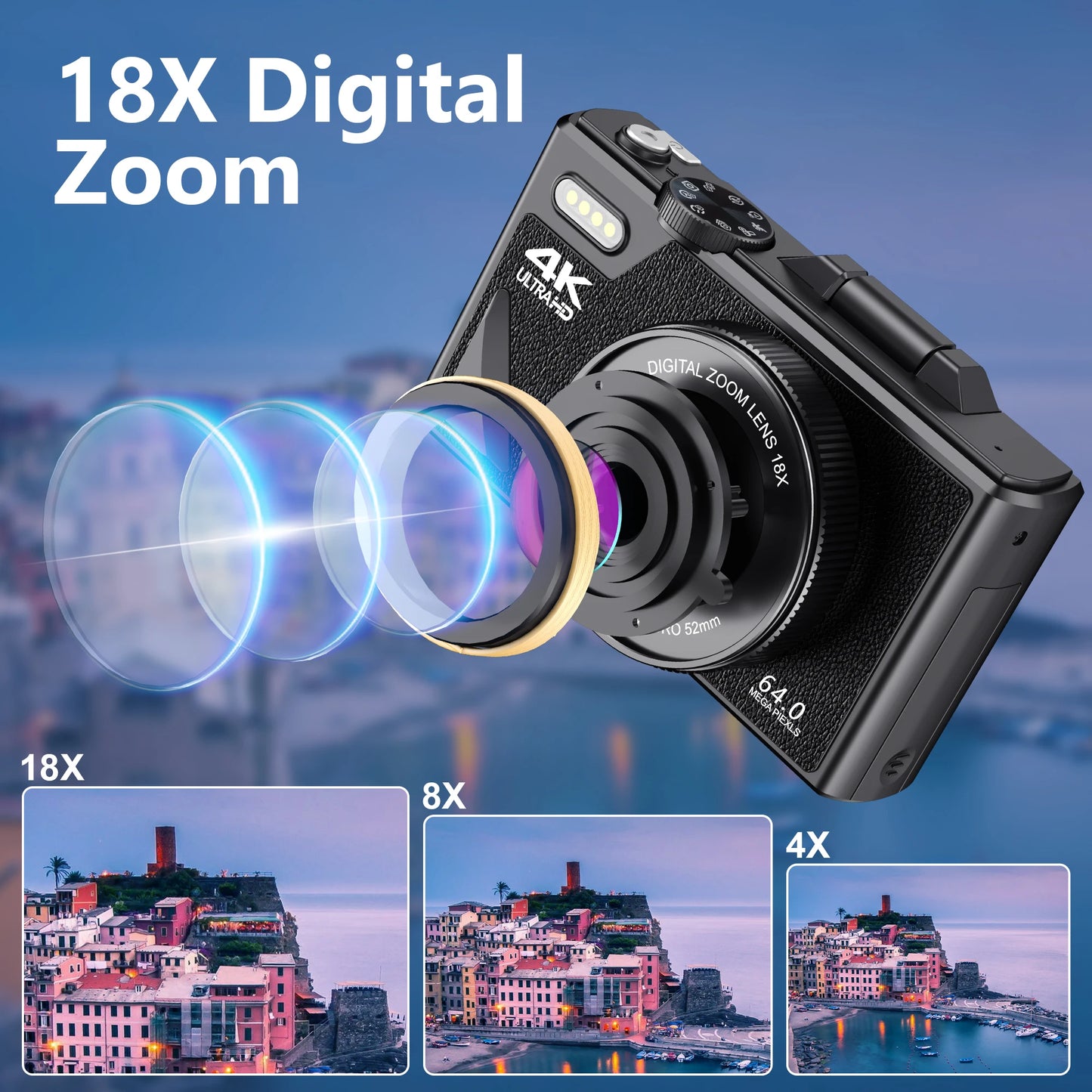 64MP Digital Camera for Photography 4K Video Vlogging Camcorder YouTube Webcam Cameras 18X Digital Zoom Camera 3" Flip Screen