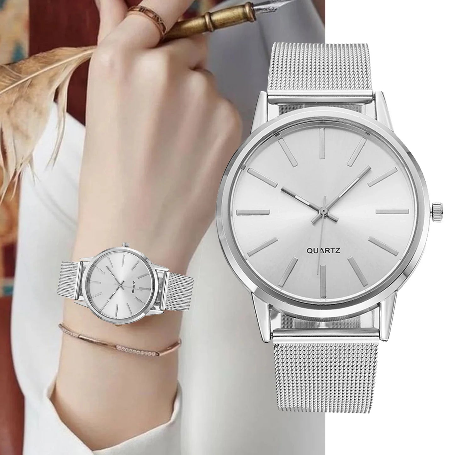 Luxury New High Quality Stainless Steel Mesh Strap Watch Quartz Movement Waterproof Women Man Casual Watches Gifts for Woman