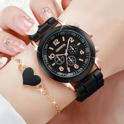 4pcs/set Geneva Watch Fashion Silicone Band Women Quartz Watches Heart Jewelry Set(Without Box)