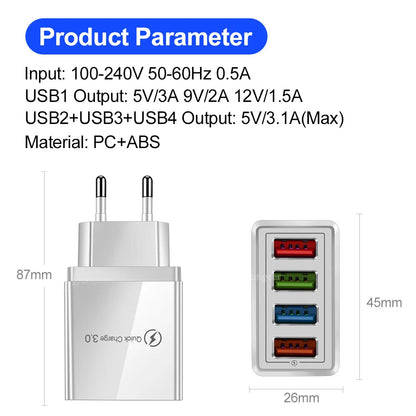 4 Ports USB Charger Quick Charge 3.0 Wall Charger Fast Charging For iPhone 15 14 Samsung Xiaomi EU/US Plug Phone Charger Adapter