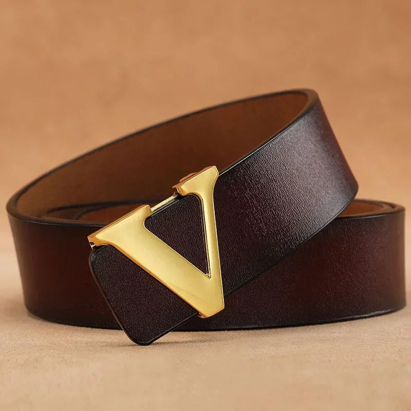 High Quality Smooth Buckle Belt Men's Genuine Leather Pure Cowhide Letter V Jeans Belt for Men Women Luxury Male Belt Designers