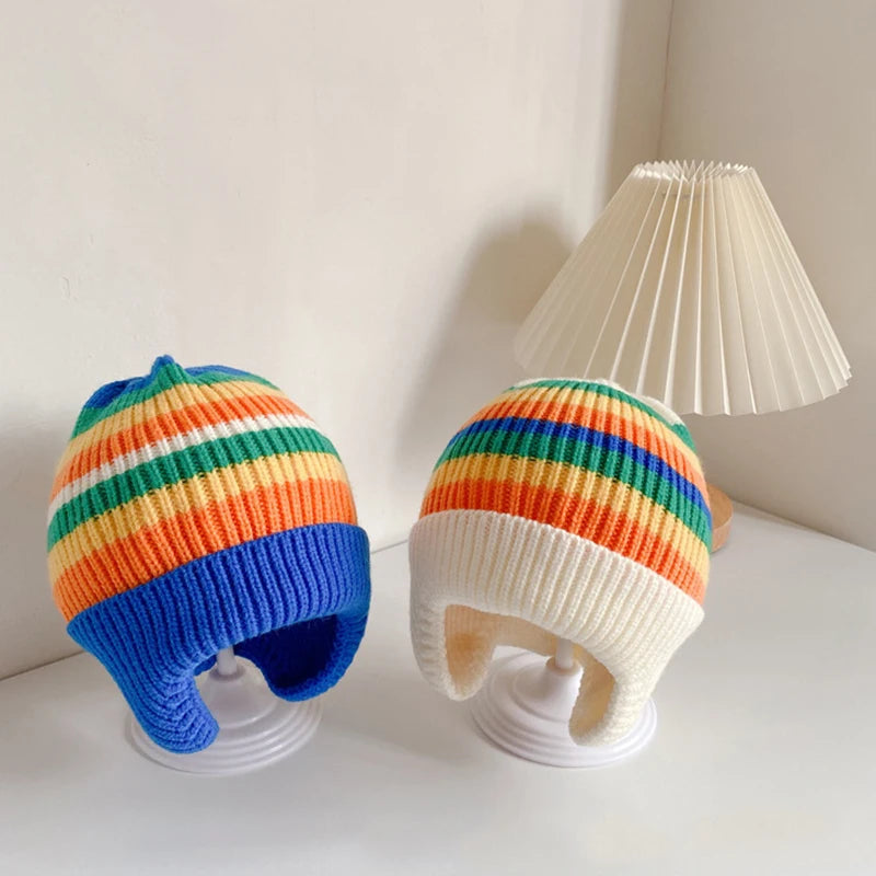 Winter Baby Knit Hat Korean Striped Rainbow Kids Beanie 1-4Year Boy Girl Warm Ear Protection Cap Colorful Children Earmuffs Caps