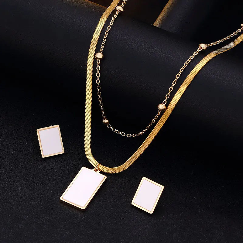 Luxury Stainless Steel Multi-layer Geometric Square Pendant Necklace Earrings for Women Girl Snake Bone Fat Chain Jewelry Set