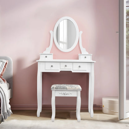 Modern Dressing Table with Round Mirror Cushioned Stool 5 Drawers Dresser Cosmetic Table Makeup Vanity Table Bedroom Furniture