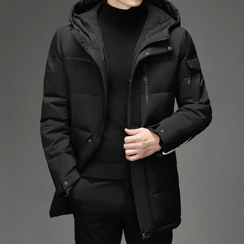 New Fashion Men 90% White Duck Down Hooded Jackets Men's Winter Thick Warm Waterproof Parka Overcoat Down Jackets Long Parka 5XL