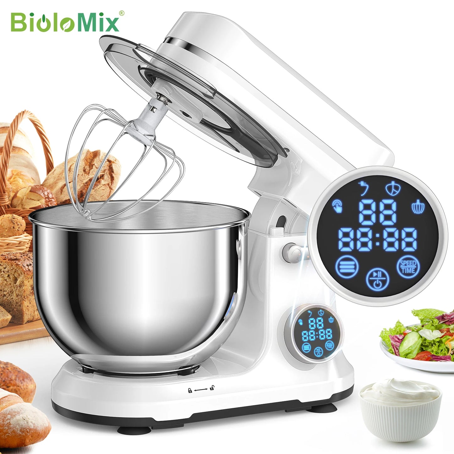 BioloMix 1200W Kitchen Food Stand Mixer, 11-Speeds DC Motor, Digital OLED Screen, Electric Food Mixer with Dough Hook, Whisk