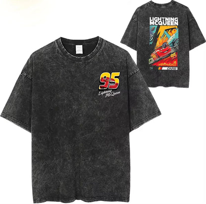 Washed T Shirts Lightning McQueen Cars 95 Hip Hop Vintage T-Shirts Harajuku Streetwear Cotton Summer Tops Tee Shirt Men Women