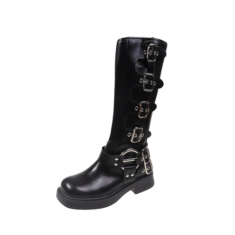 Woman Boots Knee High Platform Elegant Low Heel Trend Punk Gothic New Rock Leather Fashion Women's Shoes Motorcycle Footwear