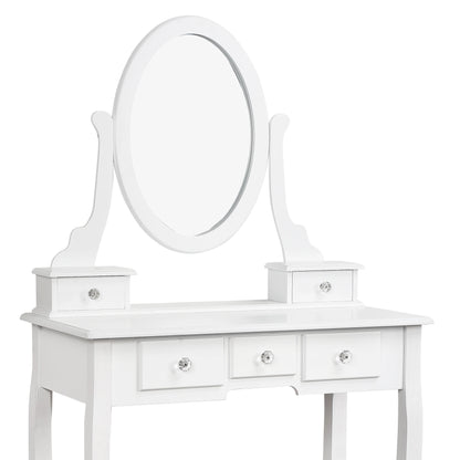 Modern Dressing Table with Round Mirror Cushioned Stool 5 Drawers Dresser Cosmetic Table Makeup Vanity Table Bedroom Furniture