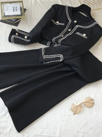 Women Knitted Sweater 2 Pieces Sets Korean Cropped Knitwear Cardigan Tops Conjuntos High Waist Ankle Length Wide Leg Pants Suits