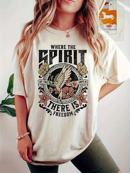 1215 Spirit Bird & Letter Print Crew Neck T-Shirt, Casual Short Sleeve Top For Spring & Summer, Women's Clothing