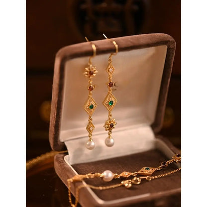 Luxury Designer Gemstone Ruby Emerald Pearl Ear Drop Dangle Tassel Earring 18K Gold Plated Chic Bracelet Jewelry Set For Women