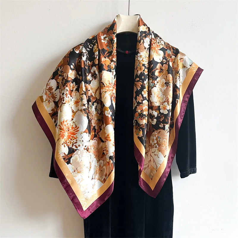 90*90Cm Square Scarf Twill Silk Feeling Women Head Shawls and Wraps Luxury Hair Tree Print Neck Scarves Hijab Bandana Pashmina