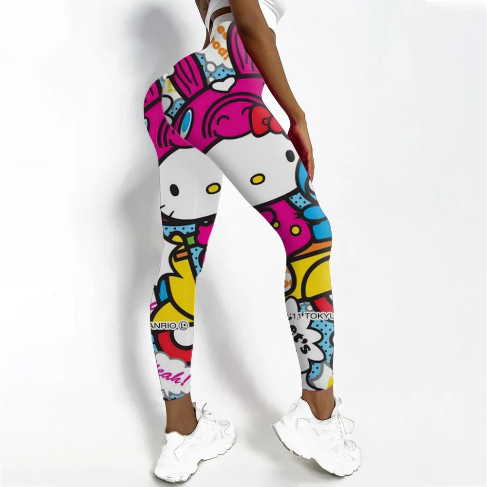 Women's sports and fitness leggings with Hello Kitty print stretch and sexy yoga pants for training, running, gym, fast drying,