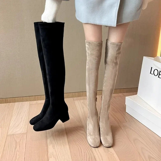 Elastic Long Faux Suede Boots Woman Over-the-knee Boots Casual Black Platform Shoes for Women Autumn Ladies Bottes 2024