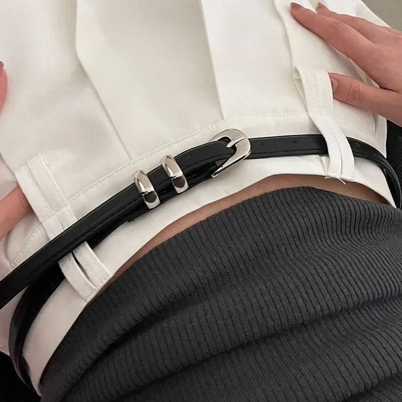 Woman's Fashionable Belts Black Simple Thin PU Belts Trousers Skirt Versatile Belts Student's Casual Belt