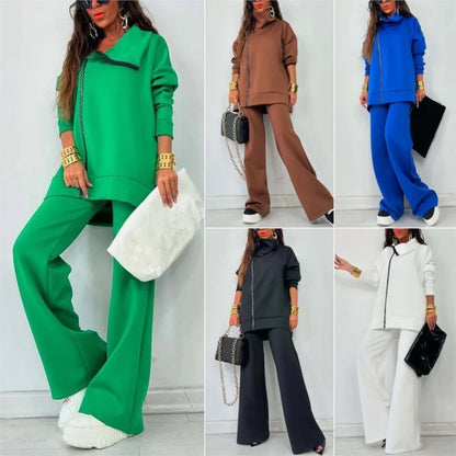 Fashion Zipper Lapel Casual Long Sleeved Hoodie Women's Suit Winter New Loose Wide Leg Pants Female Elegant Office 2 Piece Set