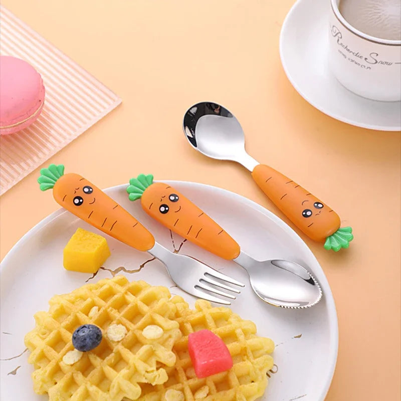 Children Carrots Tableware Set 3PCS Stainless Steel Spoon Fork Flatware With Box Kids Dinnerware Baby Feeding Kitchen Supplies