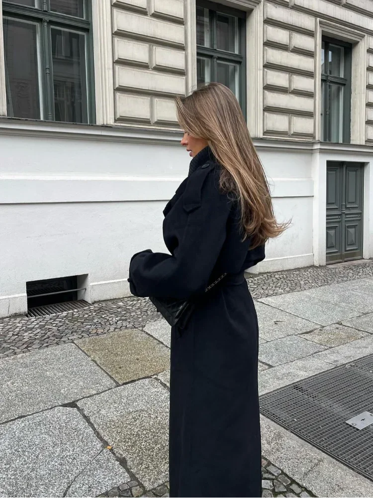 Fashion With Belt Black Woolen Long Coat For Women Oversize Loose Double Button Lapel Overcoat Autumn Lady High Street Outerwear