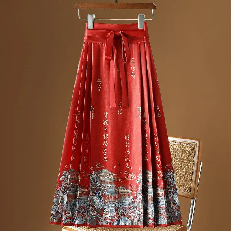 Maxi Chinese Style Horse Face Skirts Women Hanfu Vintage Harajuku Saia Casual Long Print Pleated Skirt Woman Clothing Faldas