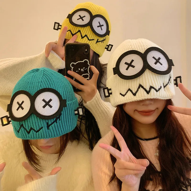 Kpop Cute Cartoon Cuff Beanie Cap Women's Candy Color Big Eyes Smile Skullies Hat Fashion Streetwear Student Warm Winter Knitted