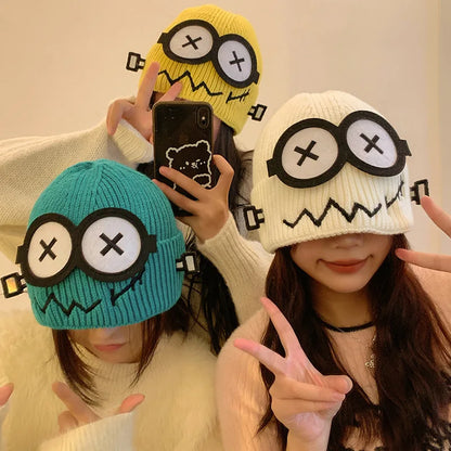 Kpop Cute Cartoon Cuff Beanie Cap Women's Candy Color Big Eyes Smile Skullies Hat Fashion Streetwear Student Warm Winter Knitted