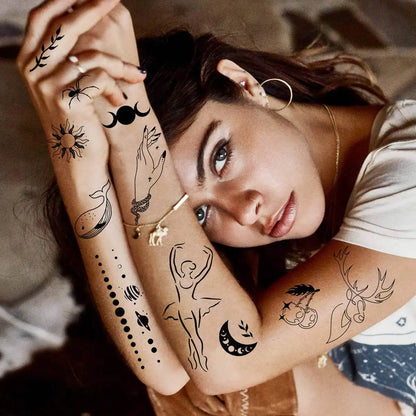 15 Sheets Minimalism Abstract Line Art Temporary Tattoos For Women Men Adults Finger Black Tattoo 3D Moon Star Fake Tatoos Sets