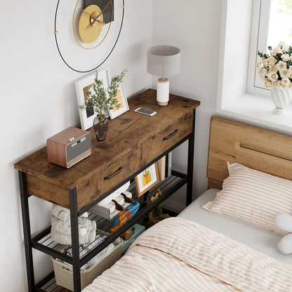 Entryway Table with Outlets and USB Ports, Console Table with 2 Drawers, Sofa Table with Storage Shelves, for Living Room